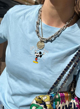 美式小众减龄青春蓝色趣味卡通老情侣宽松短袖校园休闲春夏insT恤