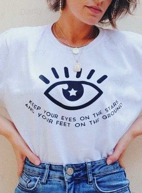 美式复古涂鸦手绘眼睛星星插画字母小众态度慵懒艺术生短袖insT恤