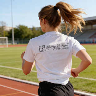 美式复古运动sporty跑步人物线条字母宽松体T恤正肩减龄显瘦短袖