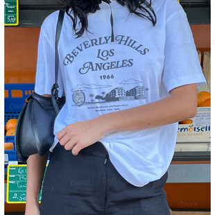 美式复古beverly hills 洛杉矶1966年代字母老钱网球运动情侣T恤