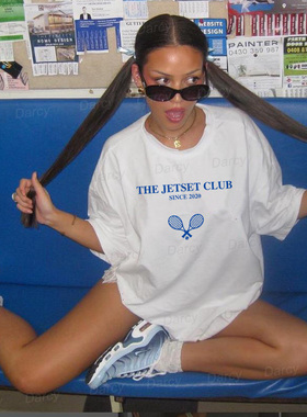 美式复古嘻哈潮流运动俱乐部打网球拍字母减龄情侣短袖街头insT恤