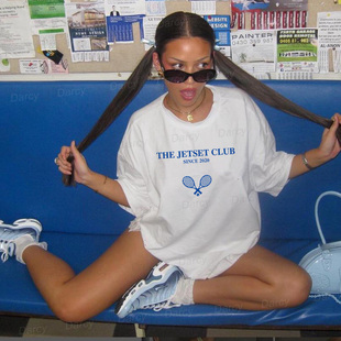 美式复古嘻哈潮流运动俱乐部打网球拍字母减龄情侣短袖街头insT恤