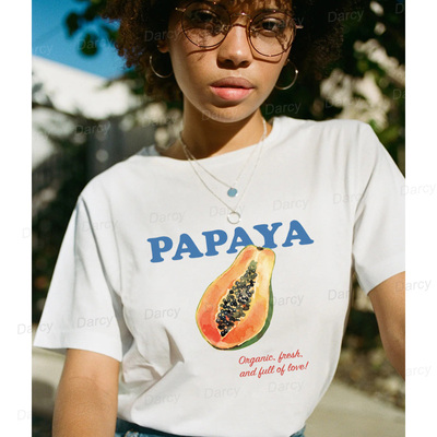 美式复古papaya木瓜水果字母夏季可爱减龄青春校园短袖度假insT恤