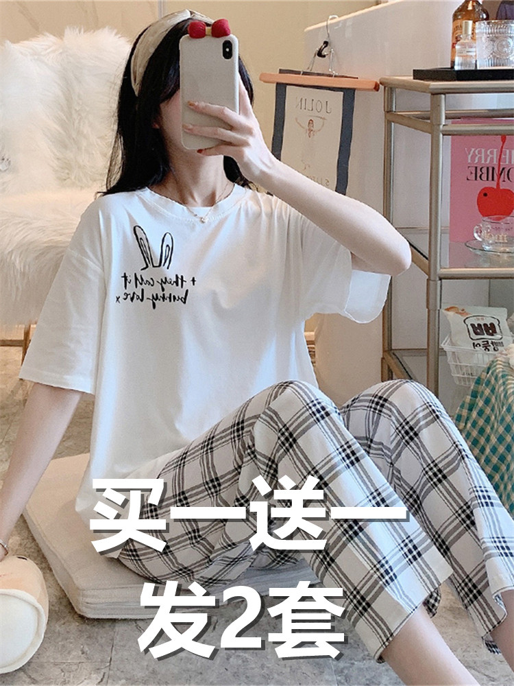 봄과 가을 잠옷 여성 여름 얇은 면화 반팔 바지 투피스 양복 느슨한 면화 캐주얼 여성 가정 의류
