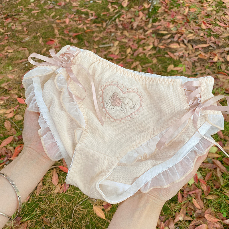 九思studio 芭蕾少女 纯欲女生刺绣小象爱心甜美交叉丝带内裤胖次