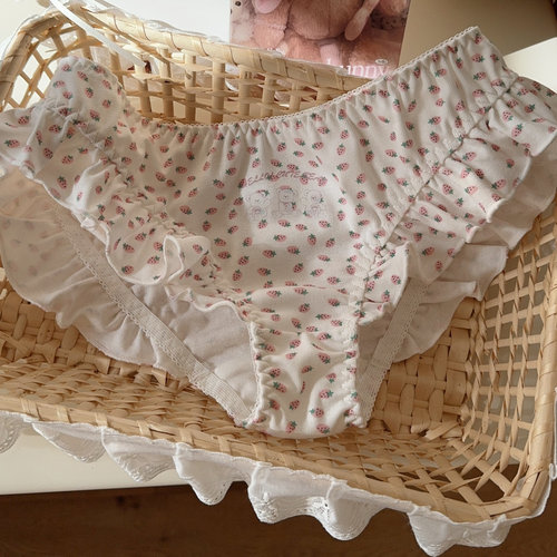 「草莓恋人」可爱小熊内裤木耳边小性感低腰田园风舒适三角裤女棉