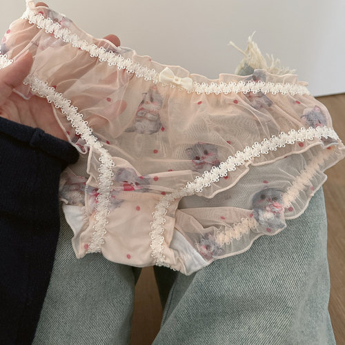 清凉感网纱 日系可爱卡通猫咪蝴蝶结透视亲肤棉裆女低腰三角内裤