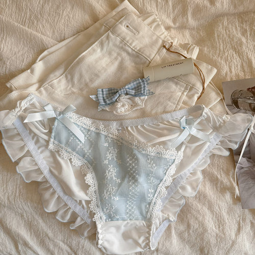 Blue天气晴蓝。纯欲刺绣蝴蝶结镂空交织细带蕾丝网纱舒适棉裆内裤