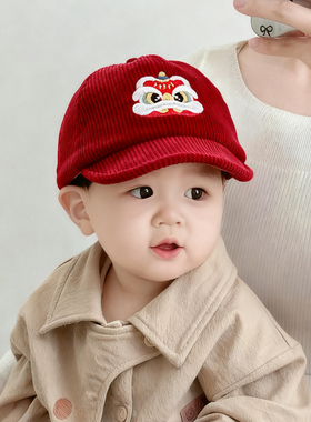 红色新年周岁婴儿帽子秋冬季婴幼儿男女宝宝防风遮阳软檐鸭舌帽潮
