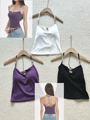 捡漏！博主同款～ins风串珠设计感挂脖T字背心修身显瘦打底含胸垫