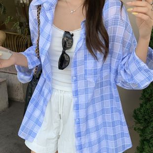 女春秋新款 蓝色格纹单排扣Polo领防晒衬衫 慵懒休闲设计感上衣