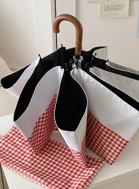 韩系格子折叠雨伞黑胶防晒防紫外线遮阳伞自动晴雨两用便携太阳伞