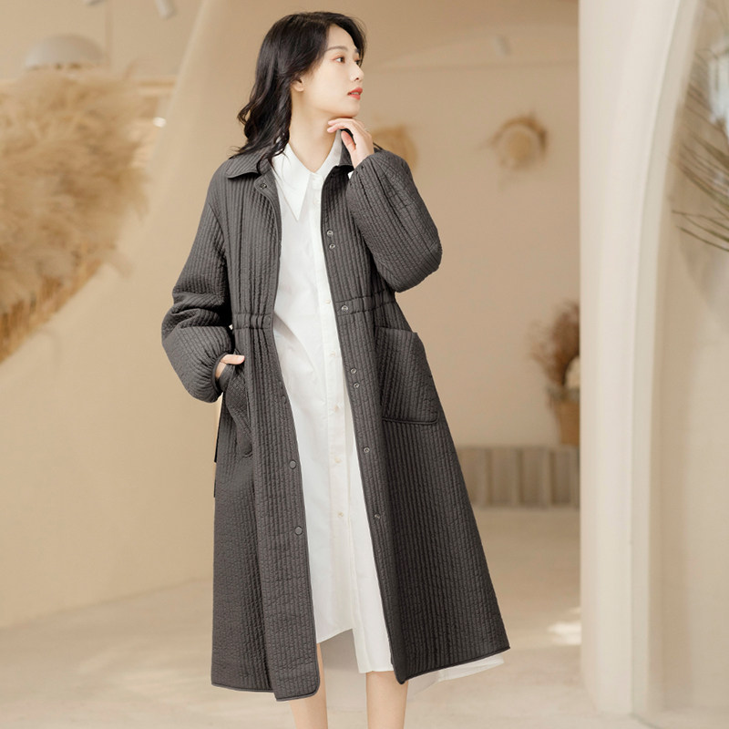 春季新款中长款棉服女灰色竖条纹翻领收腰气质显瘦春秋外套