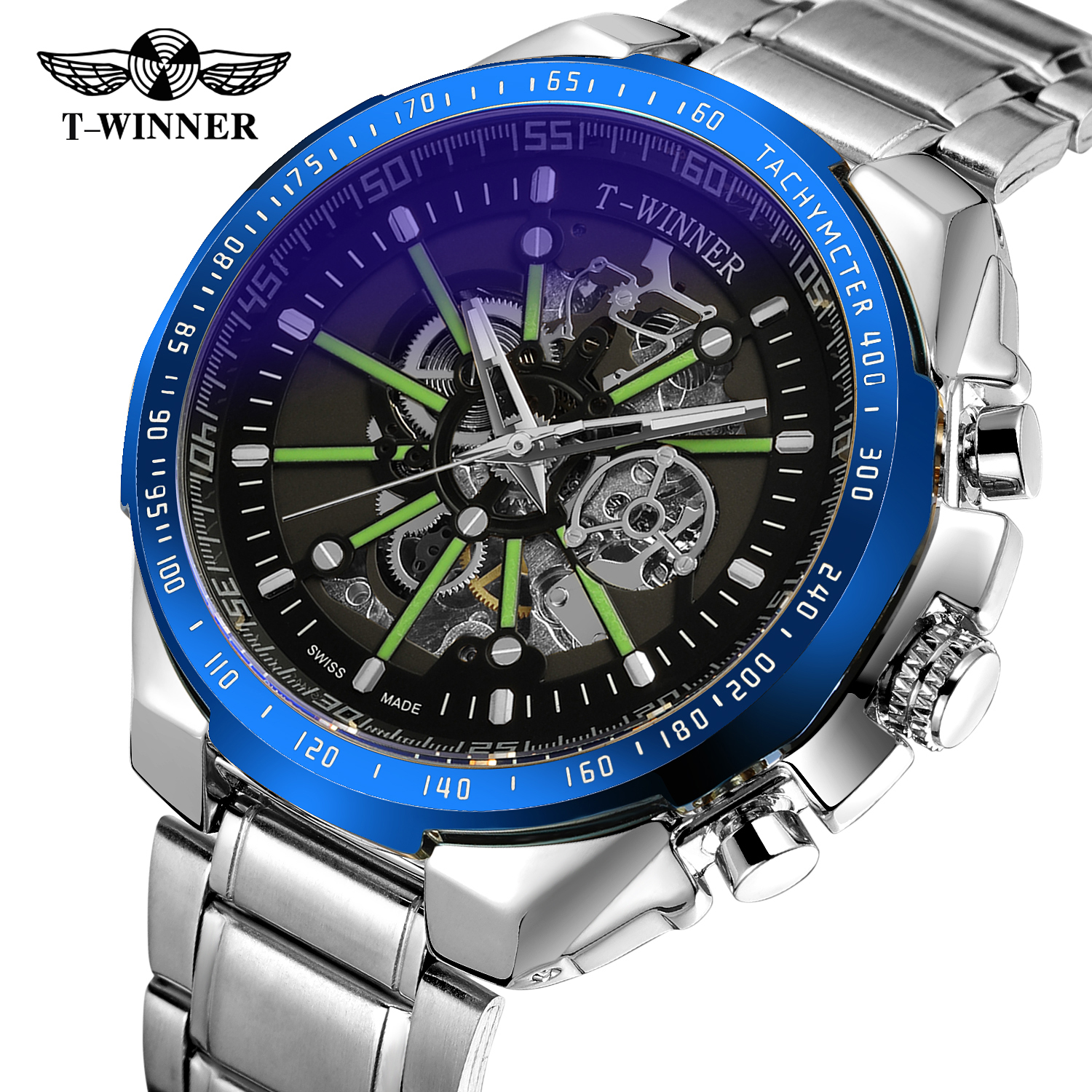 T-WINNER胜利者手表  男士手表金色钢带腕表镂空夜光自动机械表