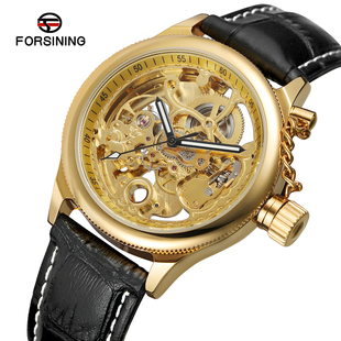 FORSINING富西尼机械手表 圆形镂空自动机械表黑带腕表手表