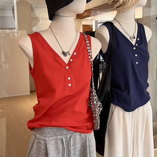 法式亨利V领棉质修身宽肩带背心