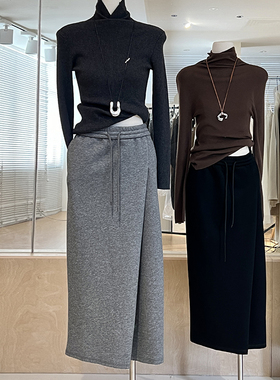 灰色卫裙半身裙女冬季加绒加厚高腰不规则别致直筒休闲中长款裙子