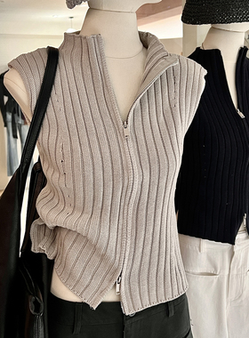 针织背心女甜酷辣妹双头拉链无袖立领镂空设计感修身显瘦上衣外穿