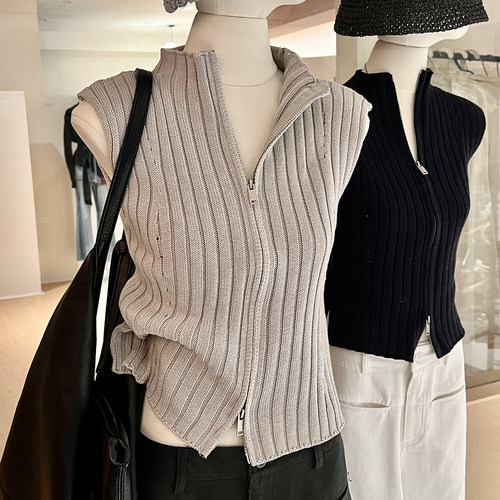 甜酷辣妹双头拉链立领针织背心