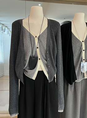 灰色假两件针织衫女秋设计感拼接叠穿 高级感开衫羊毛v领长袖上衣
