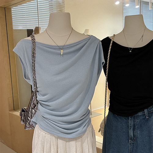 一字斜领针织t恤不对称气质薄款