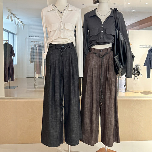 配腰带阔腿裤松紧腰垂感松弛长裤