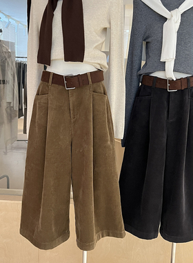 时髦复古灯芯绒裤七分阔腿裤女加绒厚款宽松高腰直筒休闲复古靴裤