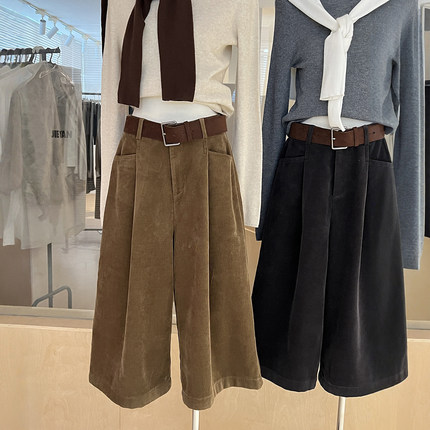 时髦复古灯芯绒裤七分阔腿裤女加绒厚款宽松高腰直筒休闲复古靴裤