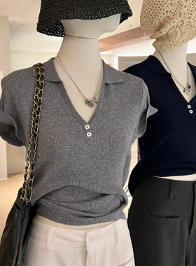 法式polo领针织衫女短袖薄款羊毛混纺 高级感简约修身通勤v领上衣