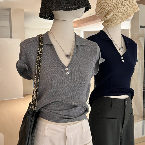 法式羊毛混纺短袖修身polo针织衫