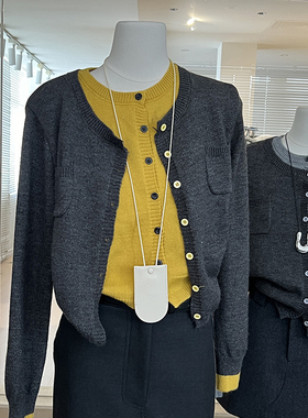 灰色拼色假两件针织开衫女2024年冬短款长袖设计感叠穿层次感毛衣