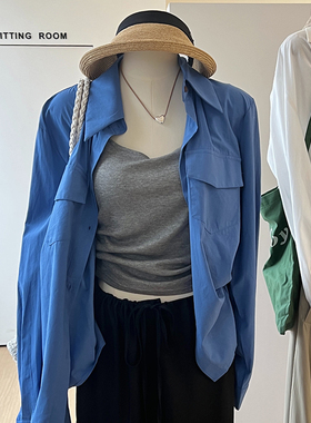 蓝色衬衫女设计感韩版宽松休闲双口袋黑色衬衣外套高级感长袖上衣