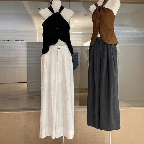 松弛感阔腿裤薄款垂感松紧腰长裤