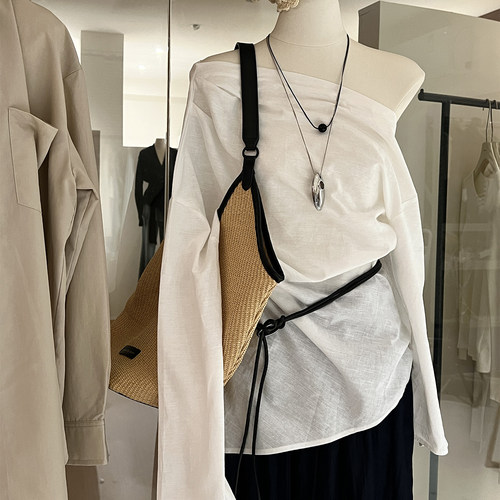 法式一字斜肩露肩棉麻衬衫不对称