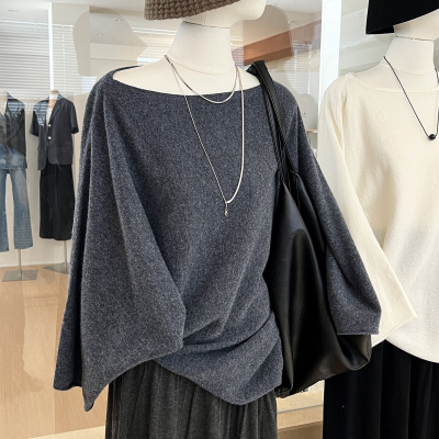 不规则纯羊毛针织衫一字领蝙蝠袖