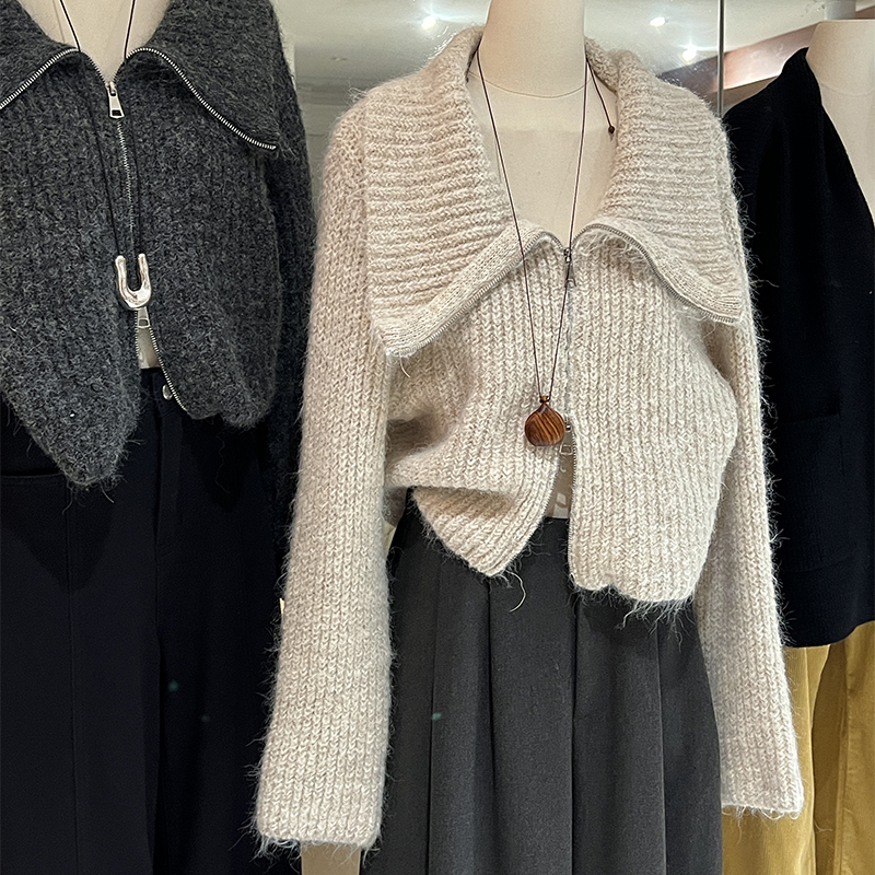 大翻领拉链毛衣短款软糯厚款开衫