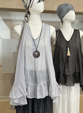 甜美荷叶边裙摆背心女轻薄款 v领苎麻后背绑带镂空无袖娃娃衫上衣
