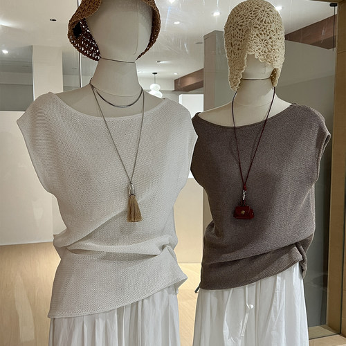 高品质亚麻和纸纱针织衫斜肩镂空