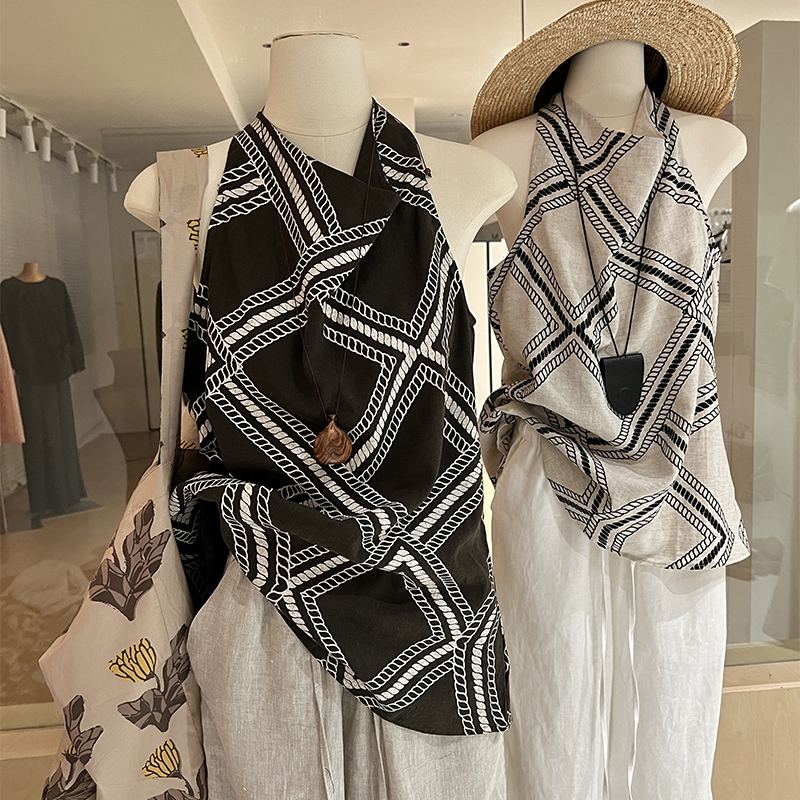 印花图腾高级感麻料背心荡领挂脖