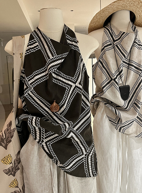 挂脖印花苎麻背心上衣女夏法式老钱风设计感小众时尚荡领无袖衬衫