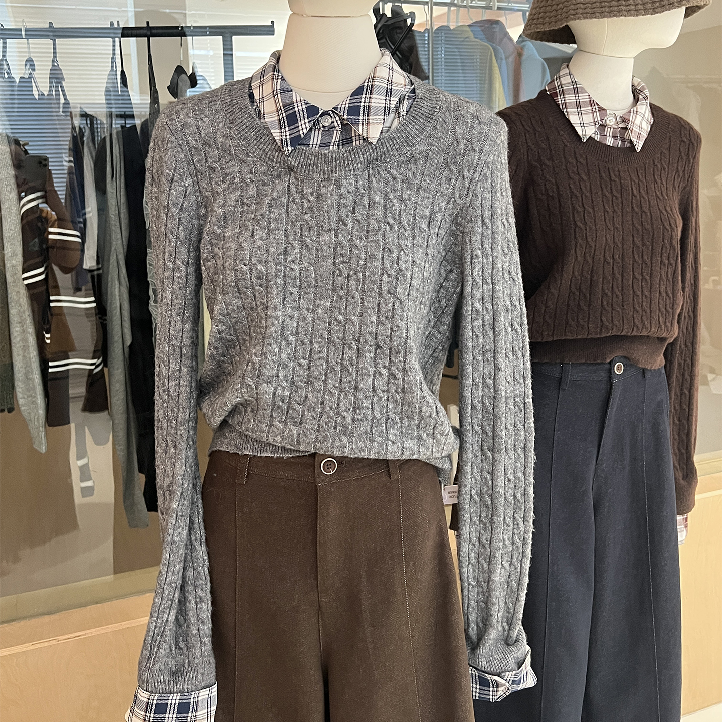 可拆卸格子领麻花毛衣通勤英伦风