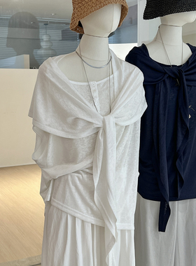 松弛感氛围斜肩t恤披肩两件套女夏 不规则露肩宽松设计感短袖上衣