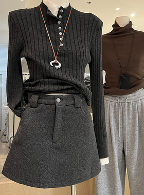 灰色毛呢短裙秋冬女2024新款高腰显瘦 厚款呢子气质A字西装半身裙