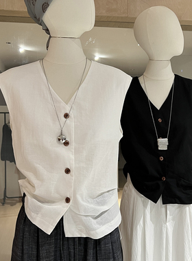 白色苎麻无袖衬衫女夏法式高级感 老钱风别致上衣气质简约v领背心