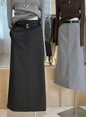 好质感灰色西装半身裙女秋冬款高级感气质直筒开叉高腰中长款裙子