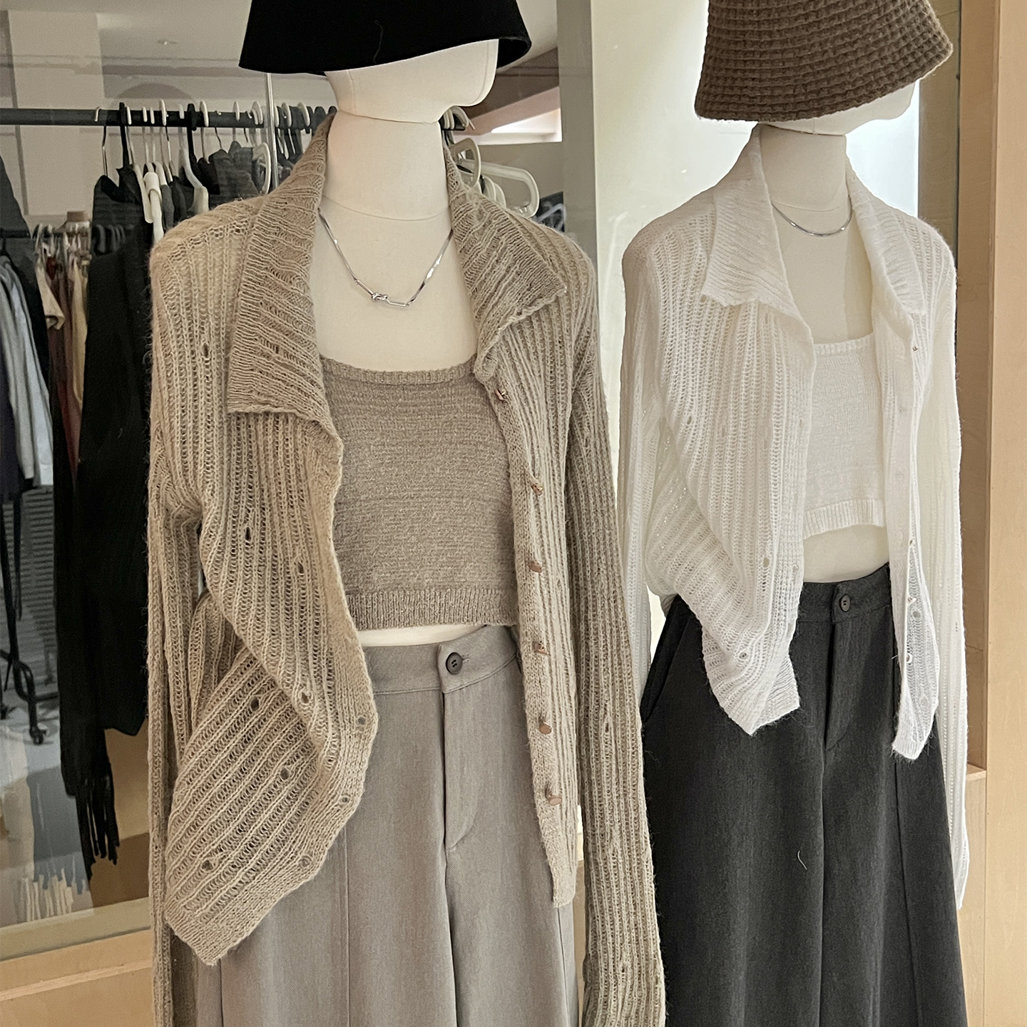 镂空针织开衫翻领+吊带背心套装