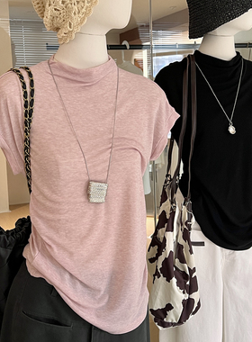 粉色半高领t恤女夏季小飞袖收腰显瘦设计感 莱赛尔羊毛高级感上衣
