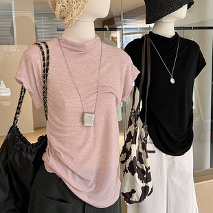 粉色半高领t恤女夏季小飞袖收腰显瘦设计感 莱赛尔羊毛高级感上衣