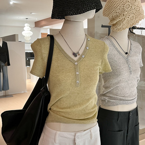 法式V领修身针织短袖夏亚麻混纺