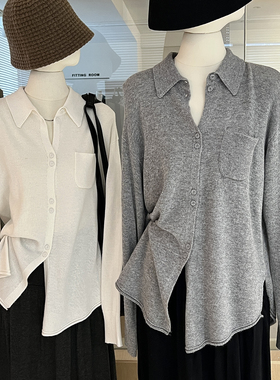 灰色衬衫式翻领针织衫女秋宽松慵懒风松弛感高级长袖羊毛开衫毛衣